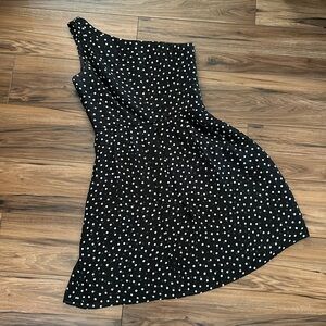 Black and white polka dot one shoulder dress